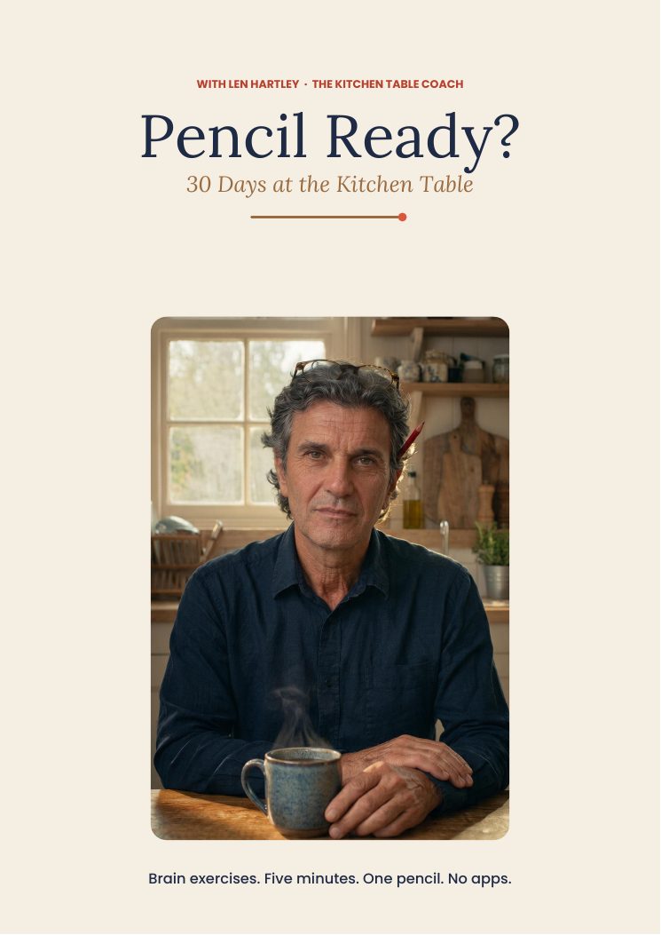 Cover of the book Pencil Ready? 30 Days at the Kitchen Table, with Len at his kitchen table.