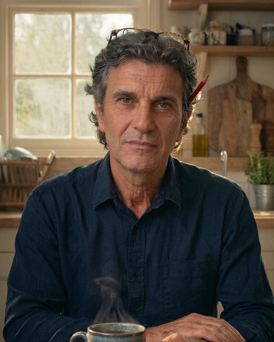 Len Hartley sitting at a wooden kitchen table with a blue mug of tea, glasses on his head and a red pencil behind his ear.